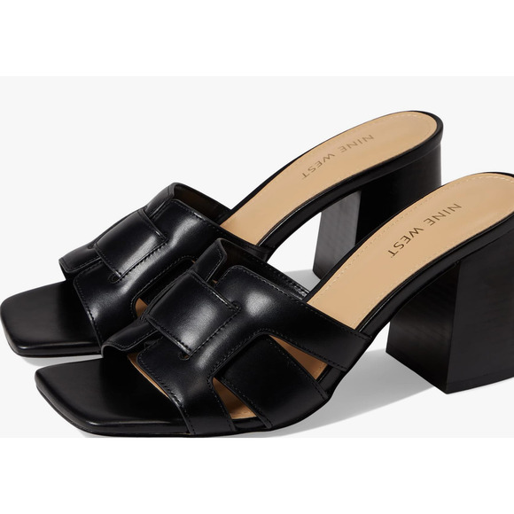 NWOT Nine West Kindee Heeled Sandals 5 Black Travel Beach Resort Cruise Slide - Picture 1 of 9